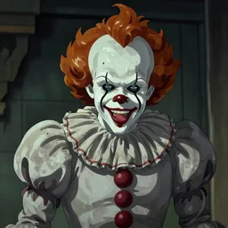 Stephen King as Pennywise, it really looks like a charicature of stephen king, ambient lighting, Stephen King\'s smile, Stephen King\'s glasses, 4k, anime key visual, lois van baarle, ilya kuvshinov, rossdraws, artstation