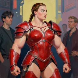 greg manchess portrait of margot robbie as thick female bodybuilder lara croft wearing red armour in disco elysium, epic grimdark, fantasy, medium shot, asymmetrical, profile picture, organic painting, sunny day, matte painting, bold shapes, hard edges, street art, trending on artstation, by huang guangjian and gil elvgren and sachin teng