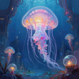 cute jellyfish fairy princess in the grimdarkest dungeon depths, sci - fi futuristic utopia scene. trending on artstation and pixiv. a vibrant digital oil painting. a highly detailed fantasy character illustration by wayne reynolds and charles monet and gustave dore and carl critchlow and bram sels