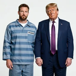 portrait of Alex Jones holding hands with donald trump wearing prison clothes in a prison jail cell behind bars, craig mullins, vibrant color, octane