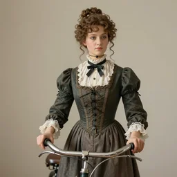 close up portrait of a life size victorian female automaton standing in with a bicycle, 8 k, soft lighting, highly detailed realistic, face in focus 1 8 9 0's liminal