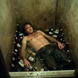 the top shot of the old dirty bathroom with old drunkard ( ( joaquin phoenix ) ) lying in many empty beer bottles in the water, still shot from the movie of stanley kubrick with cinematography of christopher doyle, dark old dirty room, anamorphic, kodak film, sharp focus, realistic, 8 k