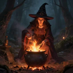 a witch adding ingredients to her cauldron, concept art, ambient lighting lit only by the fires glow