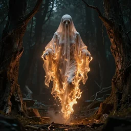 portrait of a ghost burning, floating, ancient wood environment, Darkest cinematic lighting, insanely detailed, trending on artstation, golden ratio, concept art by Emil Melmoth