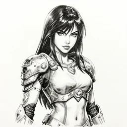 pen and ink portrait of liza soberano as darna wearing battle armor looking for camera, styled by john howe, mars ravelo and allan lee, glamorous pose, fantastically fierce, highly detailed, black and white, desaturated colors, smooth, intricate line drawings, by craig mullins, ruan jia, kentaro miura, greg rutkowski, loundraw