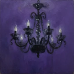 oil painting of a monstrous black chandelier swinging and moving violently to the foreground of the painting, dynamic movement, deep purple background, chiaroscuro, automatism, tachisme, violence, heavy impasto technique, painterly, dynamism, iridescence, iridescent gradient, gaussian blur, desaturated, palette knife