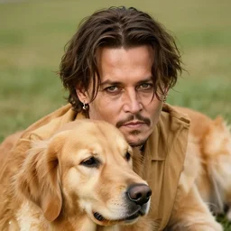 photograph of johnny depp's head on the body of a golden retriever, hd, detailed face