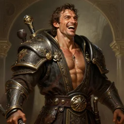 david gandy, charming, laughing, fit, cunning, robe, warhammer, lord of the rings, sweaty, intricate, highly detailed, digital painting, artstation, concept art, smooth, sharp focus, illustration, unreal engine 5, 8 k, art by artgerm and greg rutkowski and alphonse mucha