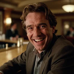 photorealistic close up cinematography of the character jack torrance from stanley kubrick's 1 9 8 0 film the shining sitting at the overlook hotel's gold ballroom bar laughing right at the camera shot on 3 5 mm 5 2 4 7 film by the shining cinematographer john alcott on a 1 8 mm cooke panchro lens.