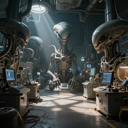 interior photo of alien laboratory with strange devices