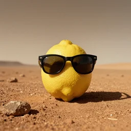 wide angle shot of a lemon wearing sunglasses on mars, autochrome photograph, atmospheric, film grain, trending on artstation
