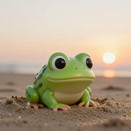 a funko pop of a frog buried in the sand, with sunset, macro photo, realistic photo, well-detailed, 8k