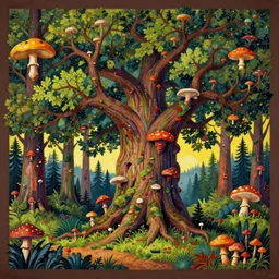artistic multicolor cottagecore gothic veduta of a forest with wise oak treant adorned with fungi like mycelium branches highly detailed by Agostino Arrivabene, Albert Bierstadt, Albert Koetsier and Agnes Lawrence Pelton:3, trees covered with various mushrooms, bright vivid color hues:1, brown:-2