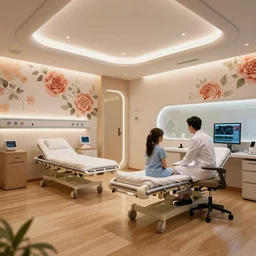 The zen environment of the hospital room of the future, in the five star hotel of a futuristic spaceship from Singapore, with calming bright lights and a welcoming Japanese rose pattern wall and a breathtaking wooden floor, a doctor and her patient look at a computer screen showing medical graphs
