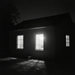 house mystic light from windows, in the wood, night, pinhole analogue photo quality, monochrome, blur, unfocus, cinematic, 35mm