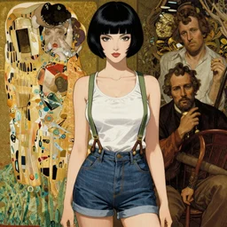 a woman with black hair pixie cut in shorts with suspenders drawn by Hajime Sorayama, Paolo Eleuteri Serpieri, frank frazetta, peter paul rubens, alphonse mucha, gustav klimt 4k, unreal 5, DAZ, french noveau, trending on artstation, octane render, hyperrealistic