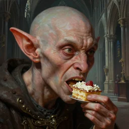 closeup profile face portrait of a medieval goblin eating cakes in the cathedral, beautiful face, hyper realistic, highly detailed, digital painting, artstation, illustration, concept art by hyung tae, frank frazetta, bosch, giger, digital paint, matte paint, washed colors, dark, gloomy, detailed and intricate environment