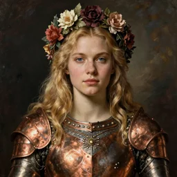 beautiful rugged liz tyler, blonde hair, wearing copper armour, ornate flowers wreath, portrait, oil painting by titian, hard focus, masterpiece