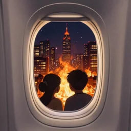 passenger looking city on fire at window in airplane, Umeshu Lovers, trending on artstation