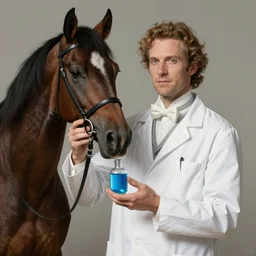 an aristocratic horse dressed as a scientist holds a modern transparent little bottle filled with vivid blue iridescent liquid, art highly detailed, by frank frazetta, keith parkinson and greg rutkowski and aleksandra skiba, concept art,