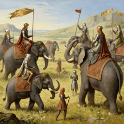 A fantasy battle between many valkyries and many elephant riders, medieval painting