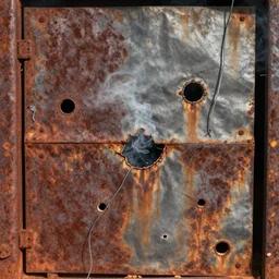 rusty metal panel riddled with bullet holes, loose cables, smoke, 8 k, high quality