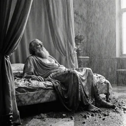 movie still of socrates frozen in a big marble bedroom with drapery under the rain, cinestill 8 0 0 t black and white, by andrei tarkovsky, very heavy grain, high quality, high detail, ultra wide lens, sharpness, flares, anamorphic, foggy, mud, rain