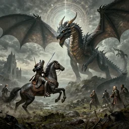 a warrior on horseback holding a sword fighting a dragon, fantasy composition, medieval adventurers in lord of the rings scenery landscape, magic portal in the sky, highly detailed, cinematic lighting, perfect composition, 4 k, gustave dore, derek zabrocki, greg rutkowski, belsinski, octane render, dark fantasy, intricate, elegant, highly detailed