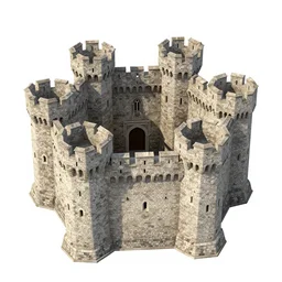 inner ward of a small medieval castle, hexagonal, six towers, double walls, main gates, draw bridge, viewed from bird's-eye, concept art, key visual, realistic, architecture, digital art