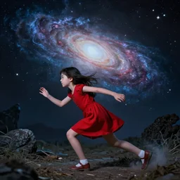 a young girl in red dress being chased by a galaxy nightmare