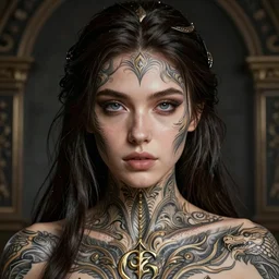 beautiful girl with a dungeons & dragons tattoo, by weta digital, cinematic, dramatic, insanely detailed and intricate, hypermaximalist, elegant, ornate, hyper realistic, super detailed, symmetrical face portrait