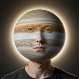 A self portrait of a man with a head made of planet Jupiter, backlight, volumetric lighting, detailed, trending on artstation