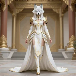 commissioned full body portrait of a female anthro wolf-headed princess fursona with white hair wearing a white and gold chinese armored dress in a white and gold palace on a starry night with a large rescent moon, by a professional manga illustrator, Stanley Artgerm Lau, WLOP, Rossdraws, James Jean, Andrei Riabovitchev, Marc Simonetti, and Sakimichan, trending on artstation