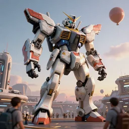 a beautiful hyperrealistic ultradetailed 3 d render of a gigantic mecha guarding a sci - fi spaceport, by legendary pictures : 3, mech, unreal engine, octane render, gigantic, unreal engine, octane render, 3 d, brilliantly coloured, intricate, ultra wide angle, trending on artstation, dusk, volumetric lighting, hdr, polished, micro details, ray tracing, 8 k : 2, people, sphere, balloon, blurry, blur, depth of field, dof, bokeh, obscured, macro : - 1
