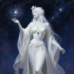 painting of alluring astromancer woman in the starry sky, white skin, long robes and miniskirt, corset, small hat, astronomy, high fantasy, dnd, extremely detailed, sharp focus, masterpiece, intricate, by rebecca guay