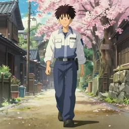 a front full body portrait of a mechanic confidently walking around the city with sakuras, studio lighting delicate features finely detailed perfect art, at an ancient city, gapmoe yandere grimdark, trending on pixiv fanbox, painted by greg rutkowski makoto shinkai takashi takeuchi studio ghibli