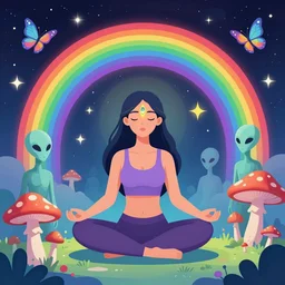 woman in meditation, enchanted alien world, mushrooms on the ground, aliens, galaxy in the sky, butterflies, occult, illuminati, third eye, rainbows, bright colors, psychedelic, vector art, honeycomb, dripping, fire, high contrast, fantasy poster by helen huang and frank frazetta and salvador dali and norman rockwell, anime style, 4 k