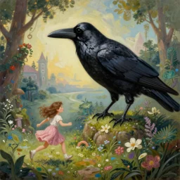 giant crow painting chasing a girl in a magical landscape