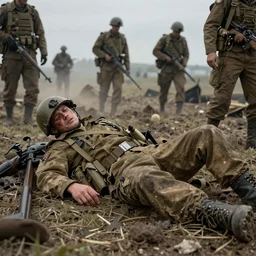 an injured soldier dying in a battle field, realism, trending on Artstation