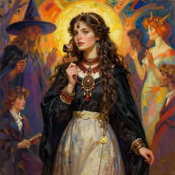 pulp art, gorgeous maid, long hair brunette russian girl at witch ritual, wooden jewerly, elegant, boho black poncho and long mazi dress, vibrant, smooth, by ilya kuvshinov, craig mullins, edgar maxence, alphonse mucha, artgerm, sakimichan