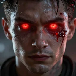 Jeff the Killer's-eyes-are- glowing-red, high detail of the face, high details, high modernization, cinematic, dynamic lighting, ultra mega super hyper realistic