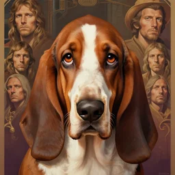 close up sci - fi hippie poster art simon stalenhag basset hound eyes, brown skin, elegant, highly detailed, centered, digital painting, concept art, smooth, sharp focus, illustration, artgerm, tomasz alen kopera, peter mohrbacher, donato giancola, joseph christian leyendecker, wlop, frank frazetta