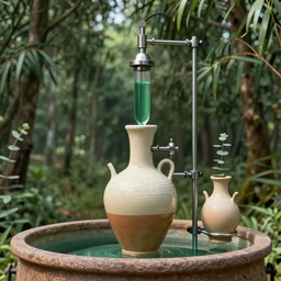 a ceramic still distilling eucalyptus into green oil, amphora, eucalyptus forest background vat, alchemical still, 3 d render, atmospheric, dynamic lighting, - n 5