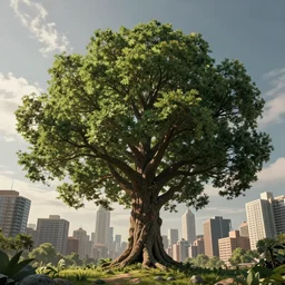 a massive tree in the center of the frame with city buildings around it. life is based off this tree and revolves around it, high detail, concept art, beautiful