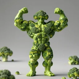 a posing bodybuilder sculpture made entirely from broccoli