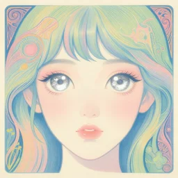 a girl with huge shiny silver eyes, colored woodcut, poster art, by Mackintosh, art noveau, by Ernst Haeckel, bright pastel colors, 8k, octane render,