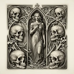 detailed realistic memento mori etching by cameron gray and a. andrew gonzalez, gothic ornament, skulls, bones, art nouveau, neogothic, ornate art nouveau botanicals, horizontal symmetry