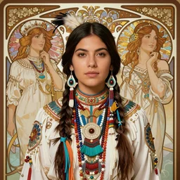 image of beautiful native american woman, ultra detail, professionally retouched, soft lighting, wide angle, 8 k high definition, intricate, elegant, art by camila venegas, bella kotak, alphonse mucha, shinybinary, jimmy nelsson