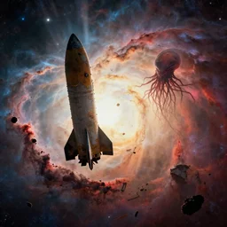 a derelict rocket floating on the edge of a vibrant nebula!, debris, silhouette, close up, crepuscular rays, dramatic lighting, a strange tentacled alien being is floating in the wreckage!!, cinematic, science fiction, octane render 4 k