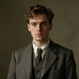 portrait painting of a young man of 3 0, british, messy brown, short hair, poorly shaven, wearing a plain suit, short hair, journalist, looking gaunt, handsome, confident, full unreal render cinematic lighting art 1 9 2 0 period drama by bussiere rutkowski andreas rocha